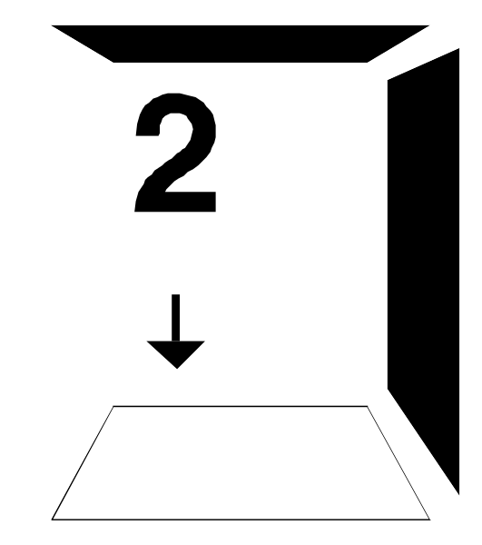 The image shows a black and white diagram of an open cardboard box with two arrows pointing upwards from it to indicate that there is something inside at those heights; one arrow points higher than the other, suggesting different levels within the box.