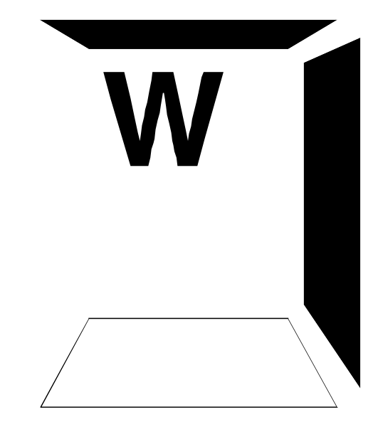 The image shows a white letter "W" on top of an open cardboard box with its flaps folded back to reveal inside contents that aren't visible in this viewpoint.