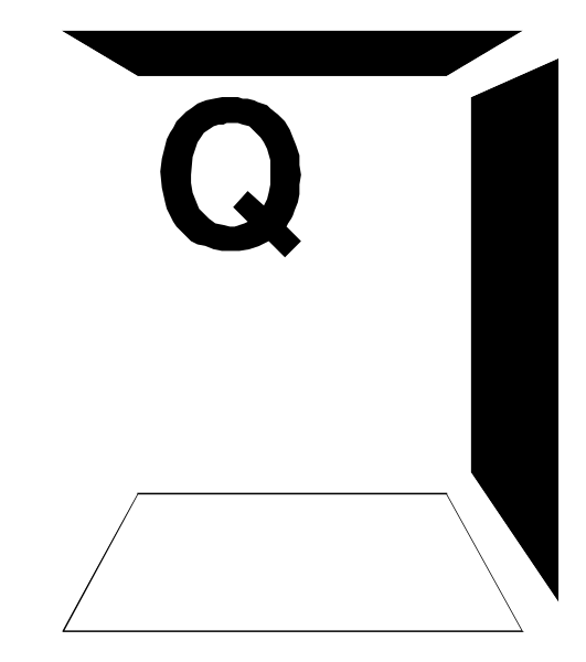 The image shows a black and white illustration of an open cardboard box with "Q" written on it inside another larger closed box that is also labeled as such in bold letters at its top right corner.