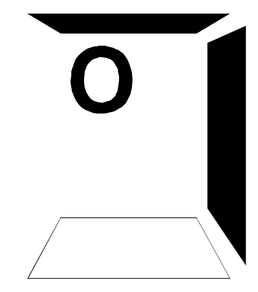 The image shows a simple black and white line drawing of an open cardboard box with no visible contents inside it placed on top of what appears to be another object that is partially obscured by the box's shadow, suggesting depth but not providing details about its nature or shape.
