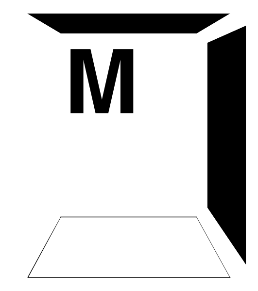 The image shows a black and white line drawing of an open cardboard box with a large "M" on it inside another larger rectangle that appears to be part of some sort of machine or equipment due to its shape, suggesting industrial use rather than packaging for consumer goods.