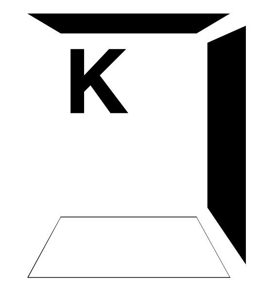 The image shows a black letter 'K' on top of an open book with pages facing upwards against a white background.