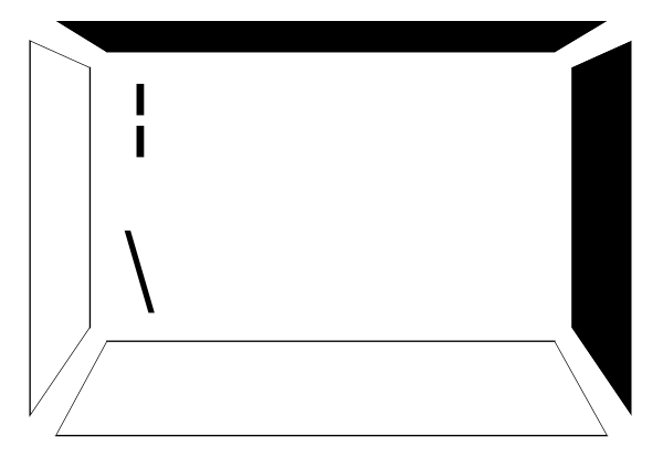 The black and white line drawing shows a simple room with two doors on opposite walls; there is no furniture inside it except for one small table in front of each door.