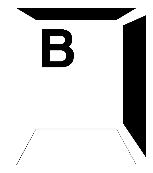 The image shows a black letter 'B' on top of an open cardboard box with its flaps folded back to reveal inside space.