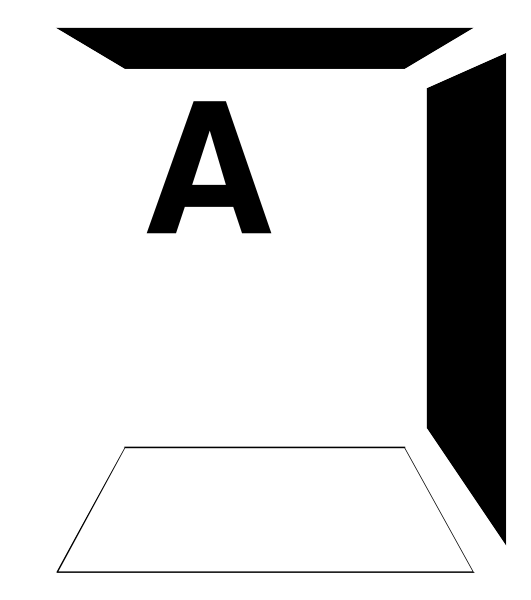 The image shows a black letter 'A' on top of an envelope with flaps open at both ends against a white background.