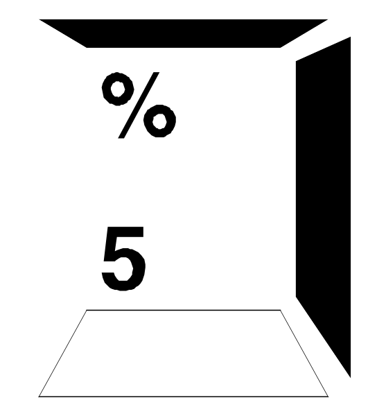 The image shows a black and white representation of an open cardboard box with a percentage symbol inside it indicating 5%. There is also a number "6" on top right corner suggesting that this might be part of some sort of game, quiz, or survey where participants have to choose one out of six options. However, the specific context for these numbers and symbols isn't provided in the image itself. The box appears empty inside with no visible contents other than what is described above.