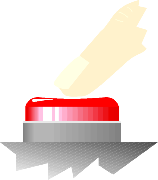 The image shows a red button with an arrow pointing to it on top of what appears to be a black surface, next to which there is a pencil lying down in front of two small white lines that could represent eyes looking at something off-screen.