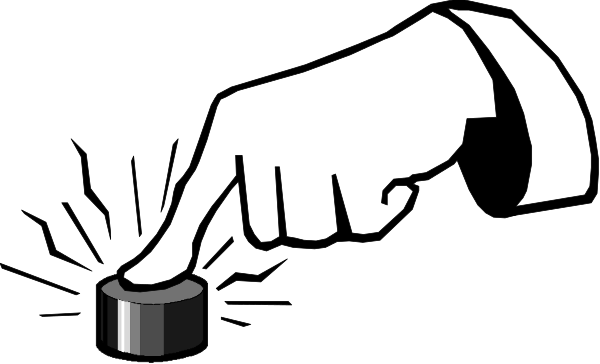 The black and white silhouette of a hand pointing at an icon on a computer screen with text that reads "click here".