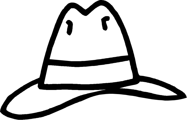 The black and white silhouette of a cartoon cowboy with his hat on backwards riding a horse through an open range landscape under a clear sky at sunset.