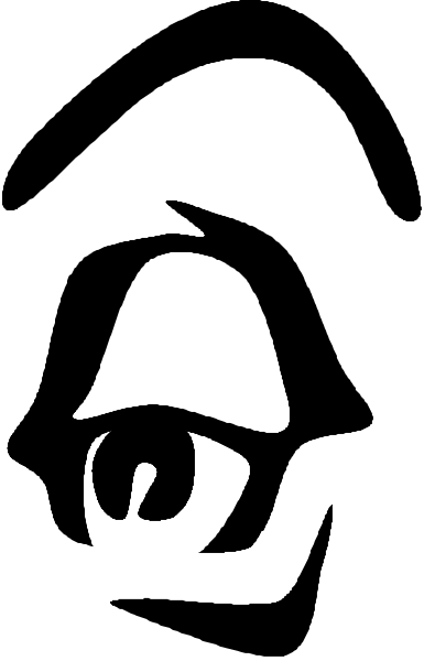 The image shows a closeup of an eye with eyelashes peeking out from behind what appears to be black blinds on a window.
