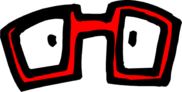 The image shows a pair of glasses with red frames against a black background.