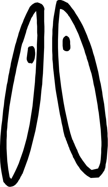 The image shows a simple black and white illustration of two cartoon eyes with eyebrows peeking out from behind them on either side.