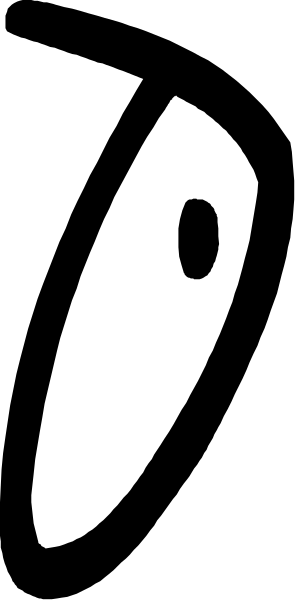 The image shows a black silhouette of an object with two eyes on it against a white background within another larger square that is gray in color.