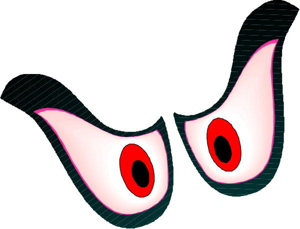 The image shows a cartoonish depiction of an evil face with glowing red eyes peeking out from behind what appears to be a black mask featuring white teeth.