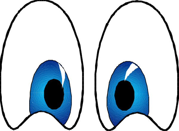 The image shows a close up of two eyes with blue irises looking to their right side against an indistinct background that appears dark in color.