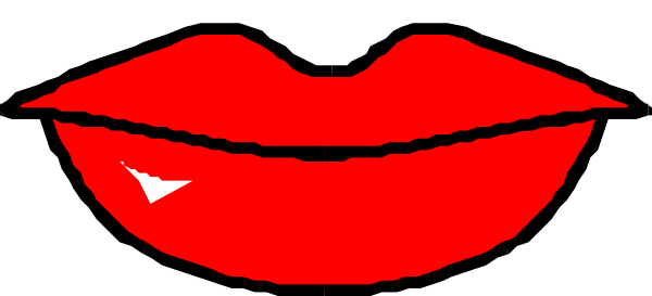 The image shows a red lipstick graphic with black outlines of lips on it against a grey background.