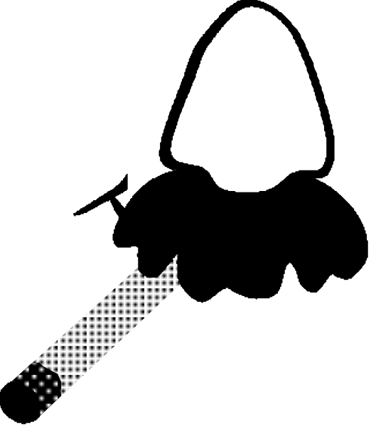 The image shows a black silhouette of an object against a dark background with pixelated edges on either side.