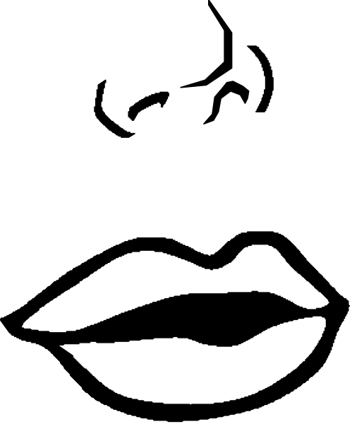 The image shows a black silhouette of lips with white teeth against an indistinct background on the left side.