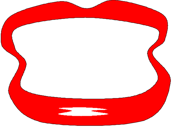 The image shows a red mouth with teeth drawn on it against a white background.