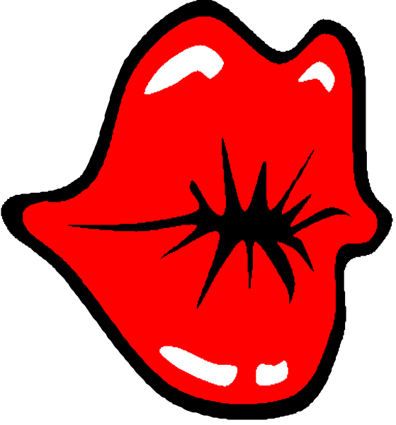 The image shows a red lipstick logo with an open mouth design against a black background on top of another similar but smaller graphic that is also in color.