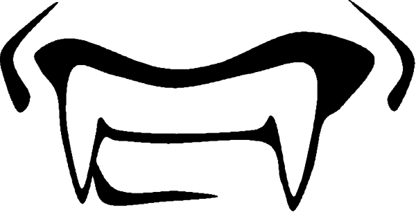 The image shows a black and white illustration of an open mouth with sharp teeth resembling fangs on either side, set against a gray background that appears to be textured like wood grain; there is no additional context provided about objects, people, animals or actions in this clip-art style.
