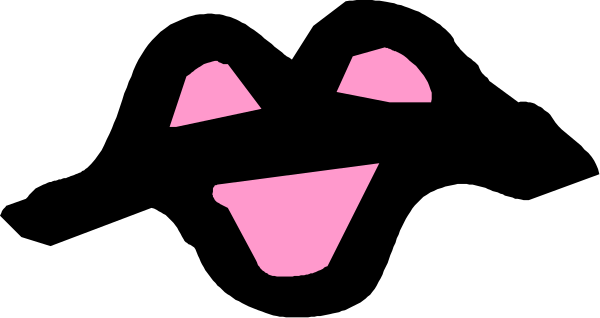 The image shows a black background with two pink triangles on top of each other forming an abstract shape that resembles a smiley face.