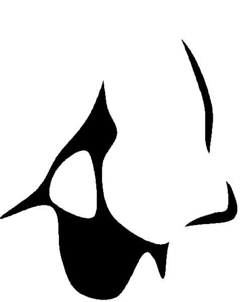 The image shows a black silhouette of an object that resembles a banana on top of another shape which appears to be a leafy green plant with two leaves extending from either side at its base, set against a white background.