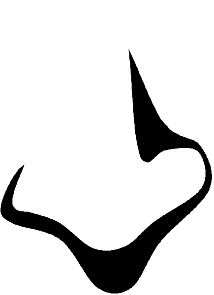 The image shows a black silhouette of an object that resembles a shoe with two toes on top against a white background in one corner.