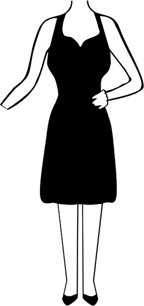 The image shows a black silhouette of an adult female figure standing against a white background with her arms outstretched to either side in what appears to be dancing pose; she is wearing dark clothing that could suggest evening wear, and there's no additional context or setting provided within the frame itself.