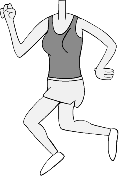 The black and white illustration shows a person running with their arms outstretched on either side of them against an abstract background that resembles a wallpaper pattern.
