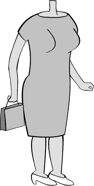 The black and white illustration shows a woman walking down an alleyway with her head missing; she is wearing heels and carrying a handbag.