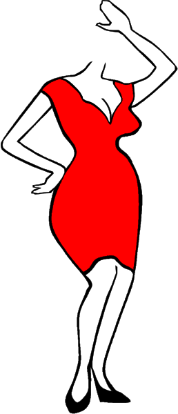 The image shows a black and white silhouette of an animated woman dancing with her arms outstretched against a red background on the right side.