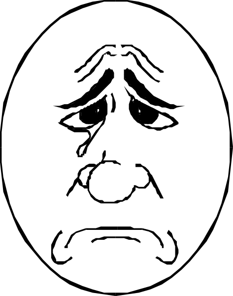 The black and white cartoon shows a face with an exaggerated frown on it inside of what appears to be a light bulb shape against a dark background.