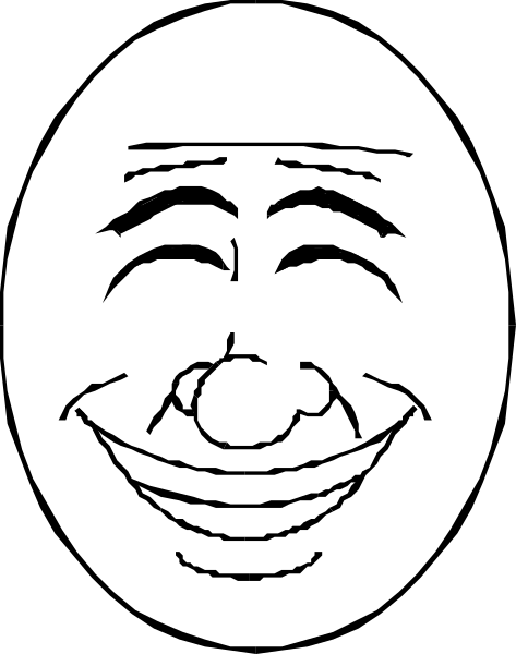 The image shows a black and white cartoon of an emoji face with eyes closed and mouth open as if smiling broadly.