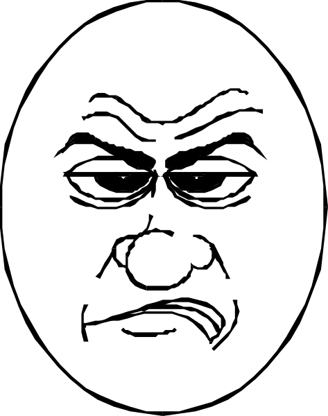 The black and white cartoon shows a face with an exaggerated expression of disbelief or shock on it, set against a plain background that is divided into two shades by coloration.