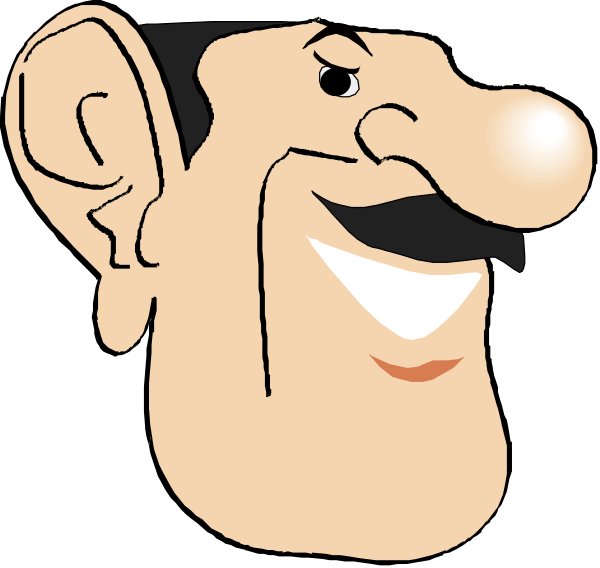 The image shows a cartoon of two caricature heads side by side against a black background with white borders on either end; one head is male wearing glasses and has mustache hair, while the other appears to be female with short dark hair and no facial features visible due to cropping or design choice.