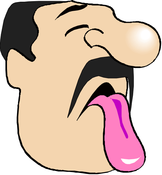 The cartoon shows a man with an exaggeratedly large tongue sticking out of his mouth while he appears to be yawning or in mid-speech.