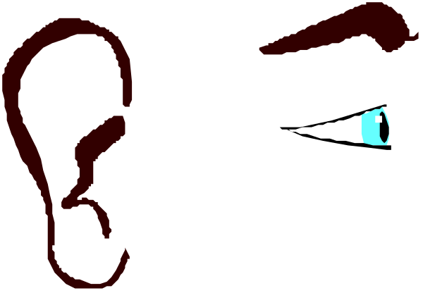 The image shows a black silhouette of an ear with blue eyes peeking out from behind it against a dark background.
