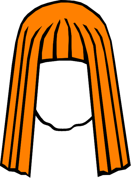 The image shows a stylized illustration of an orange bob haircut with bangs on top against a black background.
