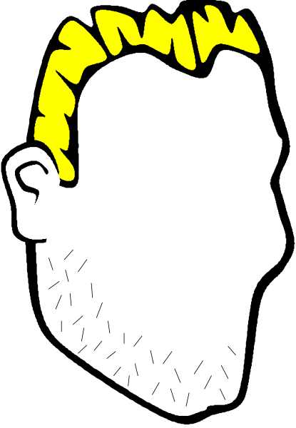 The image shows a black and white illustration of an adult male with blonde hair wearing sunglasses on his head. He is depicted in profile view against a dark background that has stripes alternating between light gray, brown, and beige shades.