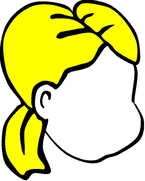 The image shows a stylized cartoon of an adult female figure with blonde hair tied back into pigtails wearing glasses on her head; she has one hand raised to her face as if in greeting, and is smiling at someone off-camera.