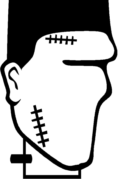 The black and white photo shows a person with their face obscured by bandages on both eyes and mouth, giving them an eerie appearance; in front of this figure is another image that appears to be a stylized skull wearing sunglasses over its eye sockets.