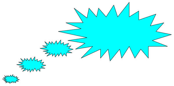 The image shows a black background with white explosions of various sizes scattered across it.