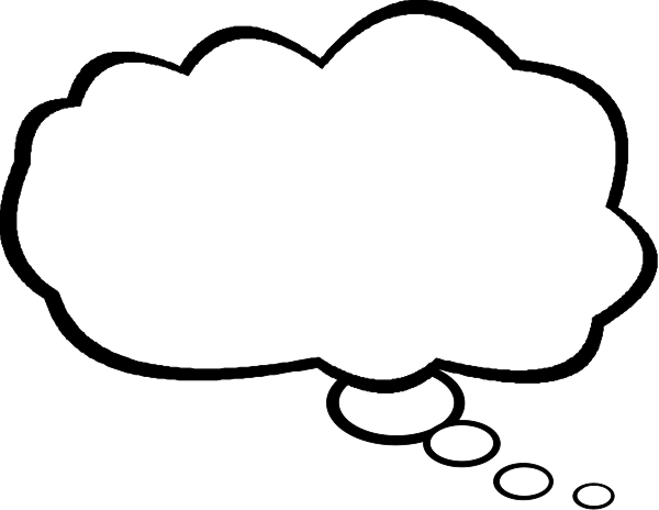 The black and white image shows a speech bubble with thought bubbles inside it on top of what appears to be an abstract background.