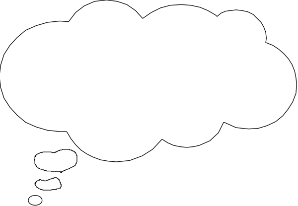 The black and white image shows a speech bubble with three thought bubbles inside it against an unseen background.