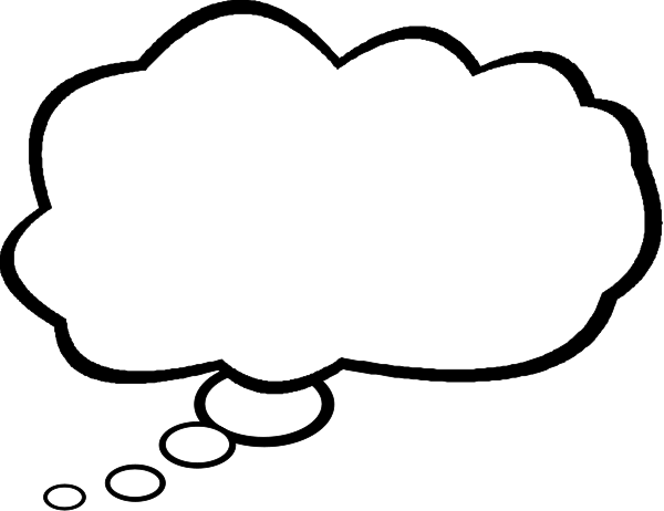 The black and white cartoon shows a speech bubble with thought bubbles inside it on top of what appears to be an image background.