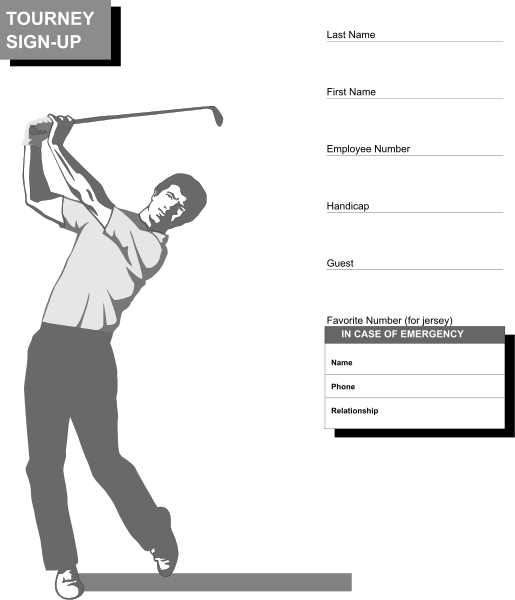 The image shows a black and white silhouette of an adult male golfer swinging at a golf ball on what appears to be a tee box with his right arm extended for balance during the shot.