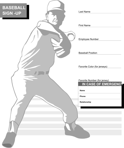 The image shows a black and white illustration of an athlete holding a baseball bat with text that reads "BASBELL SIGN UP" in bold letters at top left corner. Below this is another line of smaller print stating, "In case of emergency," followed by fields for name, phone number, relationship status, email address, and other personal information typically required on sign-up forms or registration cards. The athlete appears to be a man dressed as an old baseball player with the uniform partially visible; he is holding his left arm outstretched in front of him while standing side
