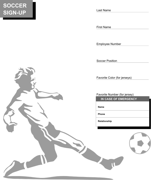 The image shows a soccer player kicking a ball on an advertisement for signing up to play soccer with emergency contact information provided below it.
