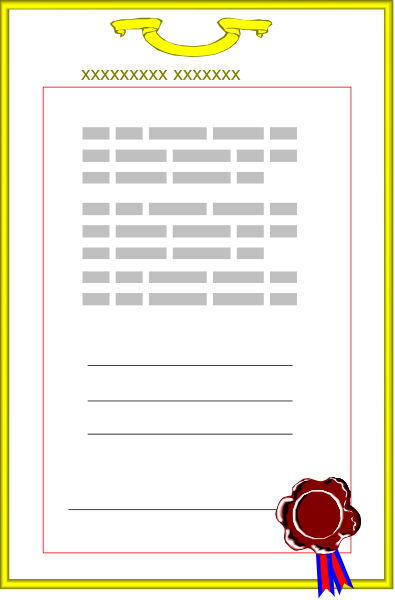 The image shows a white piece of paper with text on it inside an orange frame hanging from what appears to be a yellow clipboard attached to a wall in front of which there is a red seal stamping downward, suggesting that something has been signed off or approved.